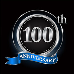 100th anniversary logo with silver ring and blue ribbon.