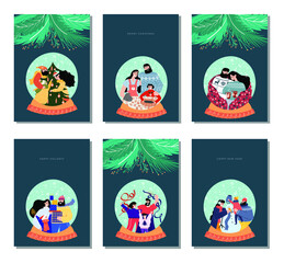 Hand drawn vector Merry Christmas and Happy New Year cards collection set with cute illustrations, family in snowball decorate tree, party, with gift boxes; vintage christmas tree branches, decoration