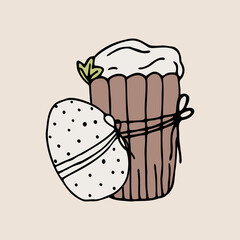 Hand drawn easter egg and cake decorated with a ribbon isolated on a light background. Doodle, simple outline illustration. It can be used for decoration of textile, paper.