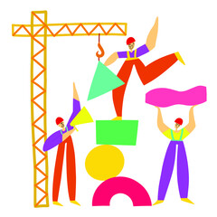 Team work together on construction site with crane. Strong people lift colorful bricks. Leader manage workers using speaker. 