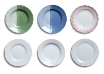 Collection of empty ceramics plate isolated on white background