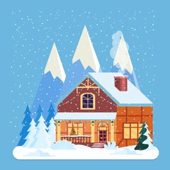 Obraz na płótnie Canvas Decorated building for new year eve, home with lights and with fir tree prepared for christmas celebration. New year and xmas celebration. Vector illustration flat style