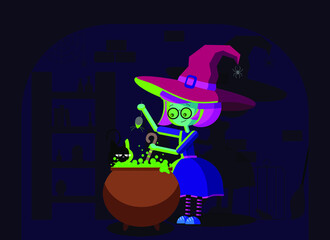 Young witch together with cat brew a potion in a pot for halloween
