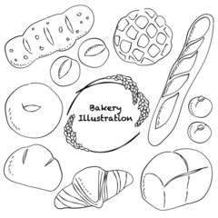 パン　ベーカリー　あしらい　ペン画　手書き