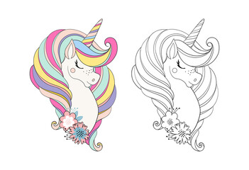 Unicorn head with flower. Beautiful portrait of a magic horse for design, postcard, invitation, children s party. Colorfull color vector illustration isolated on white background.