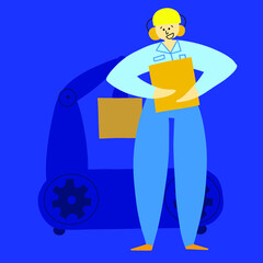 Manufacturing operator stand near production line with box of packed product. Automated line with robot and belt conveyor with gears.