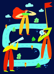 Team follow roadmap to achieve target marked with flag. Men navigate path to the goal. Woman lead people to destination. People work together to make steps through milestones on career map