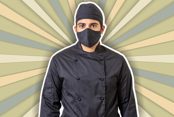 Chef in coronavirus days. Young person with face protection mask on circus background.