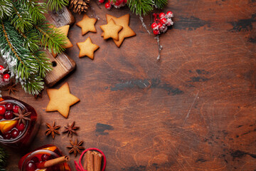 Christmas greeting card with cookies and mulled wine