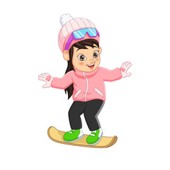 Cute little girl in winter clothes playing a snowboard