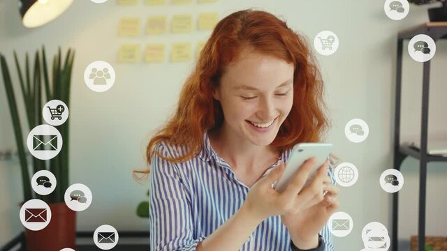 Happy attractive ginger young woman receiving social media feedback checking user interface smiling having many likes and notifcations. Communication. Internet. Animation.