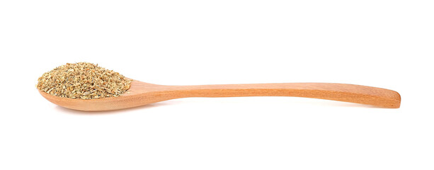 oregano in wood spoon isolated on white background.