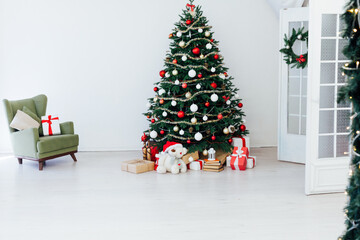 New Year's Home Christmas Tree with gift decor holiday card