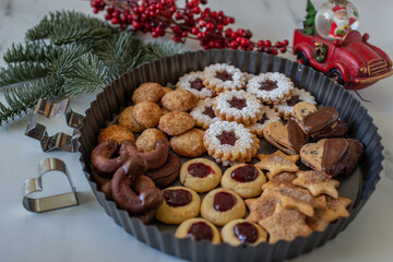 Traditional home made German Christmas Cookies on a festive table