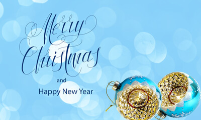 Happy New Year and Merry Christmas! card, banner, flat lay, with text - Merry Christmas.  Blue background bokeh