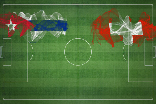 Cuba vs Switzerland Soccer Match, national colors, national flags, soccer field, football game, Copy space