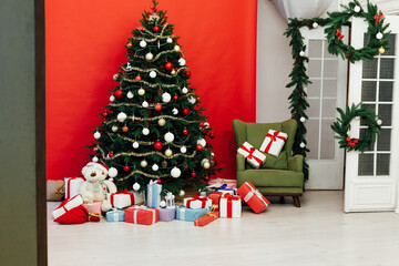 New Year's Home Christmas Tree with gifts decor holiday red background