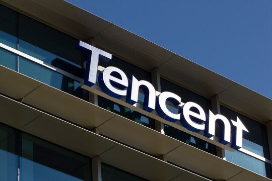 Palo Alto, CA, USA - Feb 18, 2020: The Tencent logo seen at Tencent's US Headquarters in Palo Alto. Tencent Holdings Ltd., through its subsidiaries, provides Internet and mobile value-added services.
