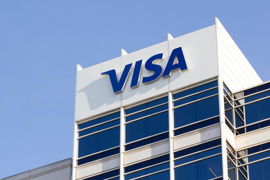 Foster City, CA, USA - Feb 19, 2020: The VISA logo is seen at the global payments technology company VISA, Inc.'s Headquarters in Foster City, California, United States.