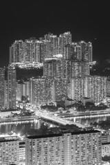 Plakat Aerial view of residential district of Hong Kong city at night