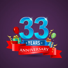 33rd Anniversary celebration logo, with gift box and balloons, red ribbon.
