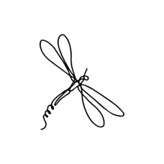 Isolated elements on a white background. Stylized dragonfly. Vector. Drawing in one line. Black and white image. Dragonfly. Insect. Suitable for posters, stickers and postcards.