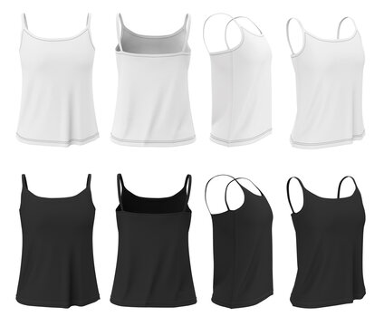 Tank top black and white for women in front, back, side views. Set of underwear. Mockup, clothing template isolated on white background.