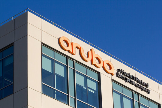 Santa Clara, CA, USA - Feb 7, 2020: The Aruba logo seen at Aruba Networks Headquarters. Aruba Networks is a wireless networking subsidiary of Hewlett Packard Enterprise company.
