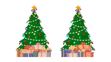 Christmas tree with garlands and gifts. Green coniferous tree. Gifts under the tree. Suitable for the New Year theme. Vector.