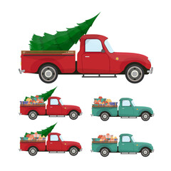 Red pickup. Vintage pickup truck with a Christmas tree and gifts in the trunk. Retro Christmas car. © Javvani