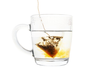 brewed a bag of black tea in a transparent mug on a white background.