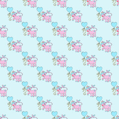 Seamless pattern with cute pink unicorn with heart shaped balloon.