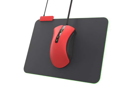 Modern red gaming mouse on professional pad isolated on white with clipping path