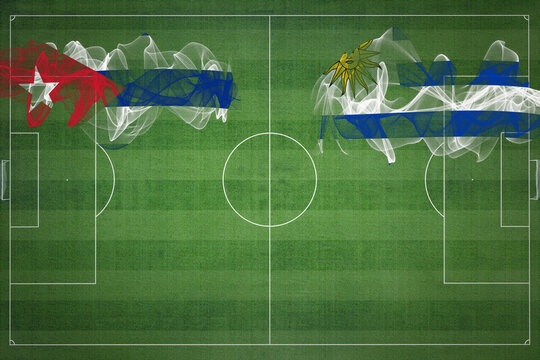 Cuba vs Uruguay Soccer Match, national colors, national flags, soccer field, football game, Copy space