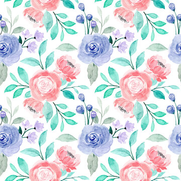 Pink purple roses floral watercolor seamless pattern with green leaves