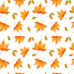 Watercolor Autumn seamless pattern with leaves and acorn isolated on white