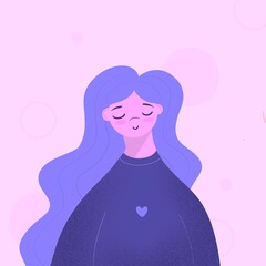 Cute girl with purple hair in sweater with heart is close her eyes and smiling in pink background illustration flat design cartoon