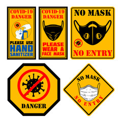 Use hand sanitizer. wear face mask. Emblem with hand sanitizer. Design element for emblem, badge, poster. Vector illustration