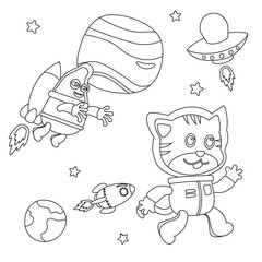 Creative vector childish Illustration of Cute little cat Astronaut in space wearing space suits with cartoon style. Childish design for kids activity colouring book or page.
