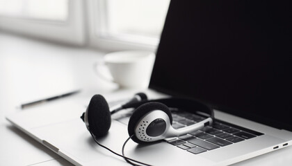 Workplace, laptop computer with headphones headset, Business, technology, working from home, conference, studying, e-learning, meeting online, chat, call center concept