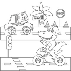 Creative vector childish Illustration of a cute animal cartoon riding a vehicle in the city with cartoon style. Childish design for kids activity colouring book or page.