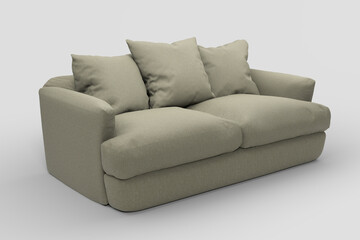 Grey couch with pillows on studio white background.