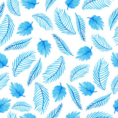 Fototapeta na wymiar Watercolor pattern with leaves and twigs in blue shades