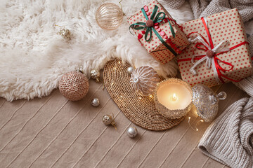 Composition from Christmas decorations. The concept of a cozy home and a Christmas atmosphere.