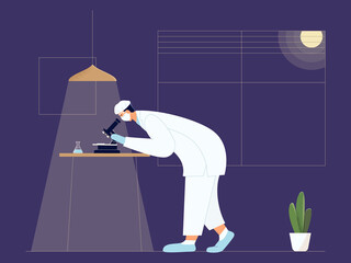 Vaccine discovery. Chemical laboratory research. Scientist in facial mask with microscope and flask working on antiviral treatment development late evening. Raster illustration in flat cartoon style