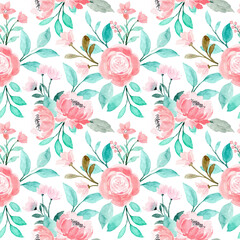 Pink floral watercolor seamless pattern with green leaves