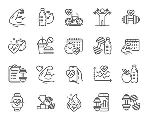 Fitness time line icons. Bike Workout, Strong Muscle Arm, Gym fit dumbbell. Training analysis, Workout plan and Cardio exercise line icons. Dumbbell sport equipment, Healthy food, Muscle. Vector