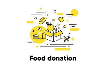 Food donation line icon. Meal box, Donate food, Pantry. Share meal, food charity concept illustration. Humanitarian help box, global hunger line icon. Apple, water and bread. Editable stroke. Vector