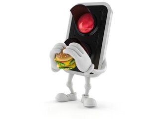 Fototapeta premium Red traffic light character eating hamburger