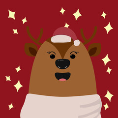 Animal in the Scandinavian style wearing a Santa Claus hat. New Year's childrens illustration. Cozy print with a girl deer.